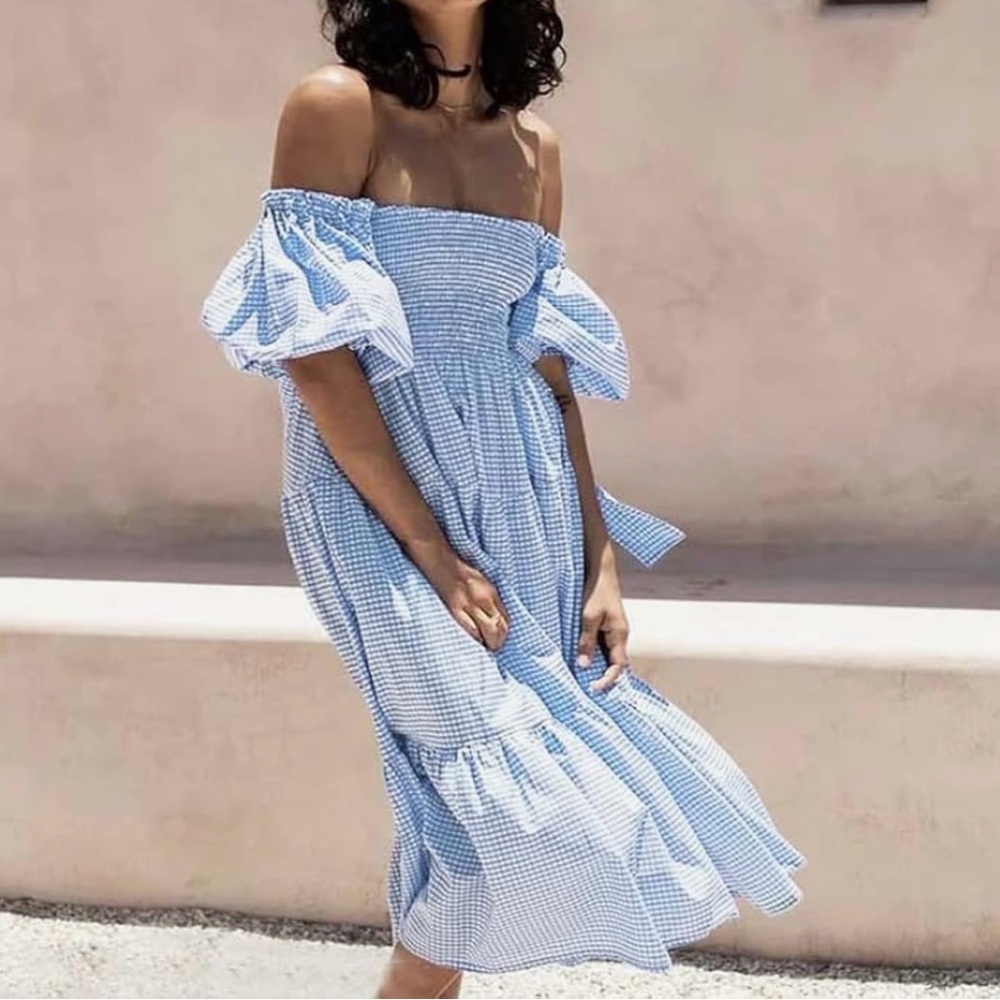 Blue Gingham Off-Shoulder Dress